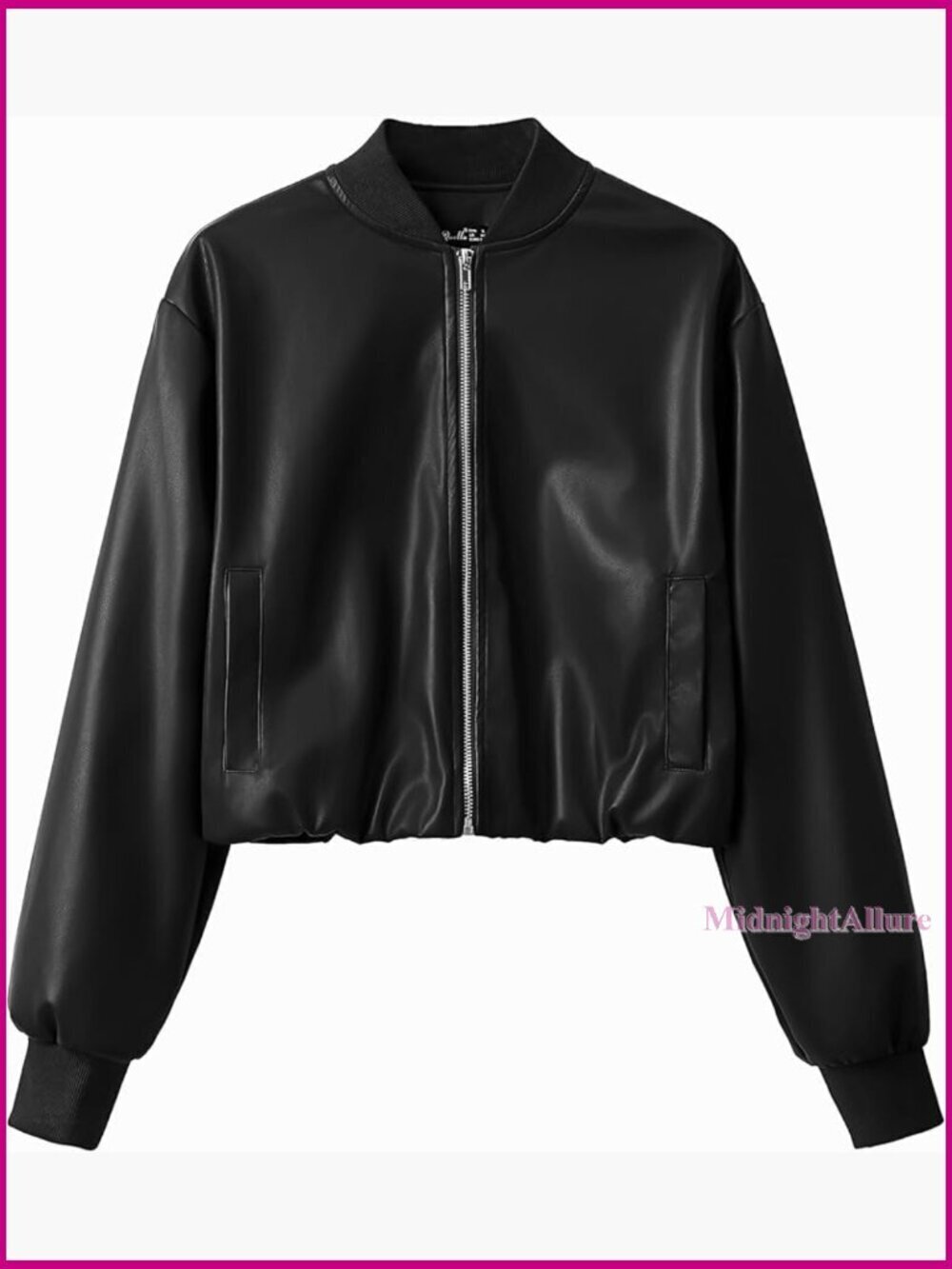 Cropped Faux Leather Baseball Jacket with Ribbed Cuffs and Zip Front